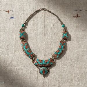 Vintage Nepalese Turquoise Coral Bib Necklace: Boho Statement Jewelry